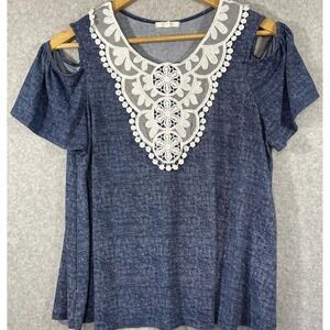 Ava James Women's Large Blouse‎ Blue Lace Peep Shoulder Flutter Sleeve Flowy